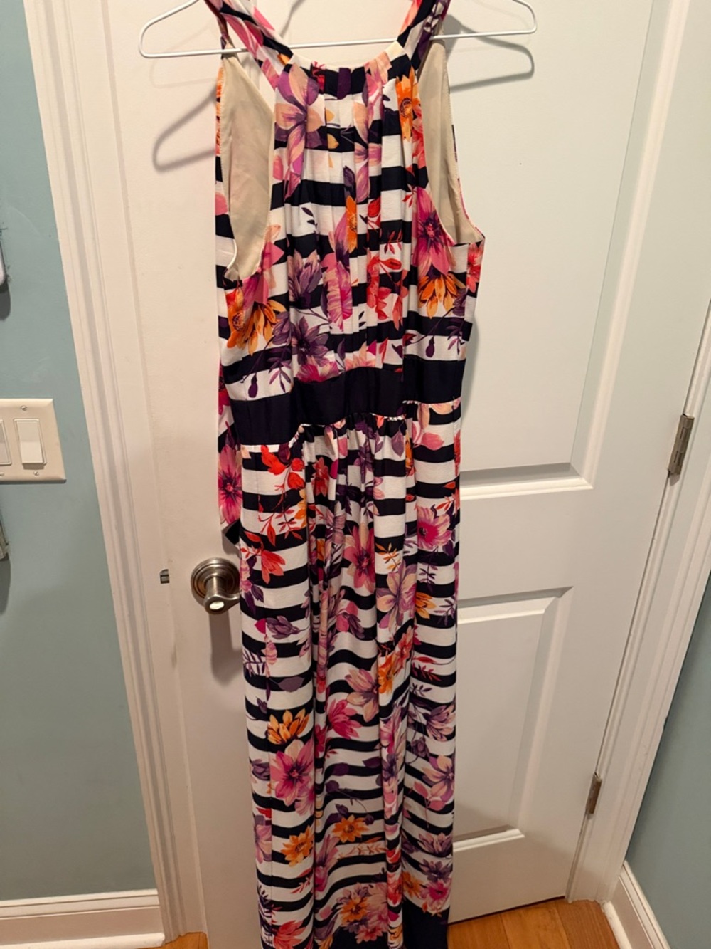 Eliza J Black and White Striped Floral Maxi Dress with Pink & Orange Blooms